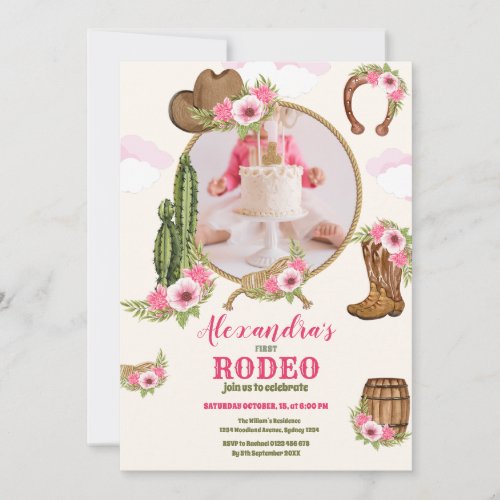 Photo Pink Western First Birthday Rodeo Baby Girl Invitation