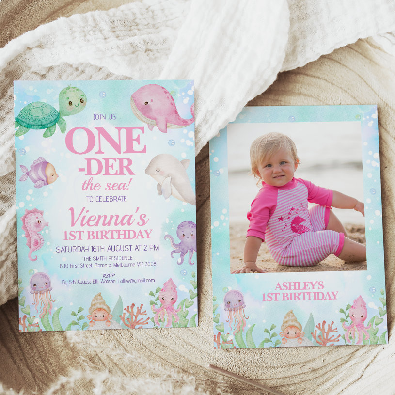 Photo Pink Whale Under the Sea 1st Birthday                    Invitation