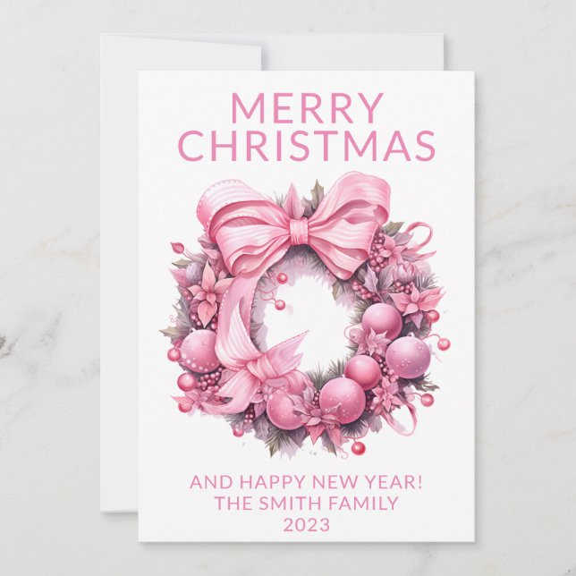 Photo Pink Wreath Christmas Holiday Card (Front)