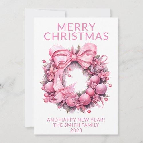 Photo Pink Wreath Christmas Holiday Card