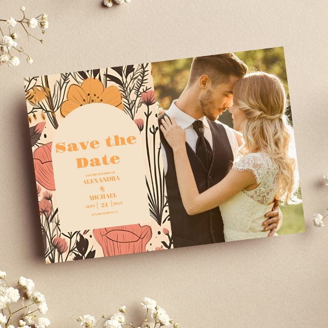 Photo  Pink Yellow Orange Wildflowers Wedding Save The Date (Creator Uploaded)