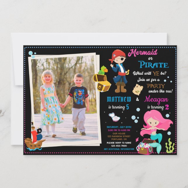 Photo Pirate and Mermaid birthday invitation (Front)