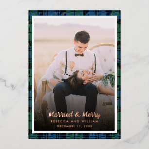 Photo Plaid Tartan Christmas Married Foil Holiday Card