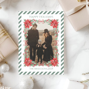 Photo Poinsettia Botanical Stripe Christmas Holiday Card