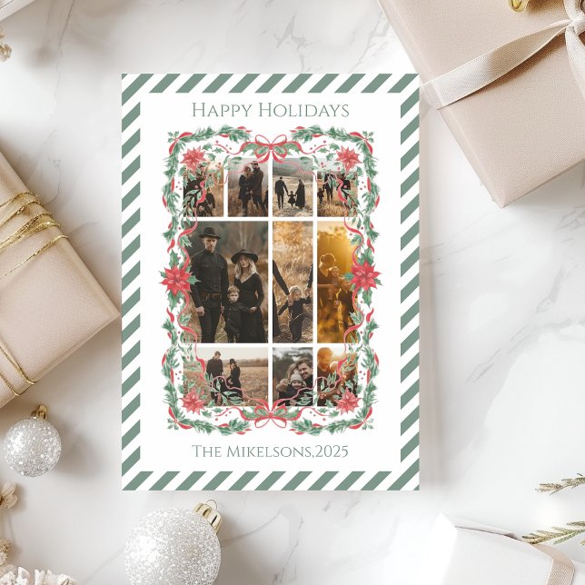 Photo Poinsettia Botanical Stripe Christmas Holiday Card (Creator Uploaded)