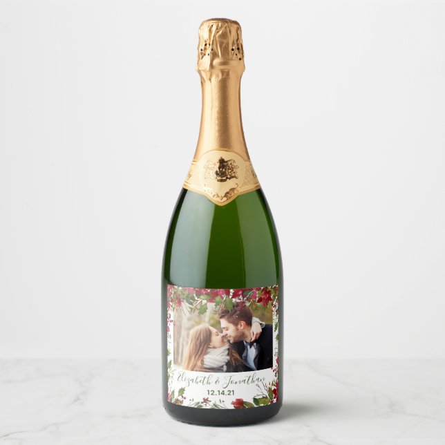 Photo Poinsettia Christmas Floral Greenery Champag Sparkling Wine Label (Front)