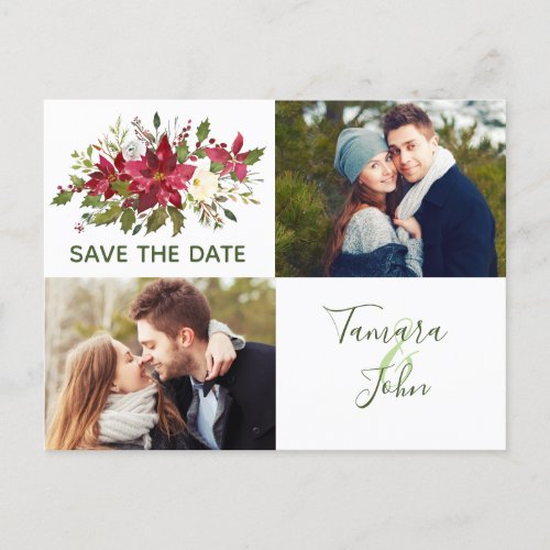 Photo Poinsettia Christmas Greenery Save The Date Announcement Postcard