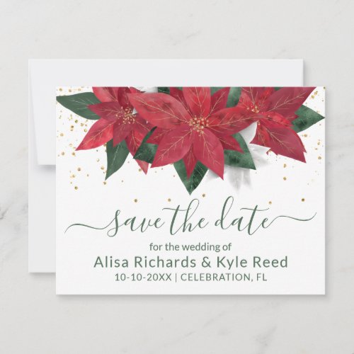 Photo Poinsettia Green Christmas Wedding Announcement