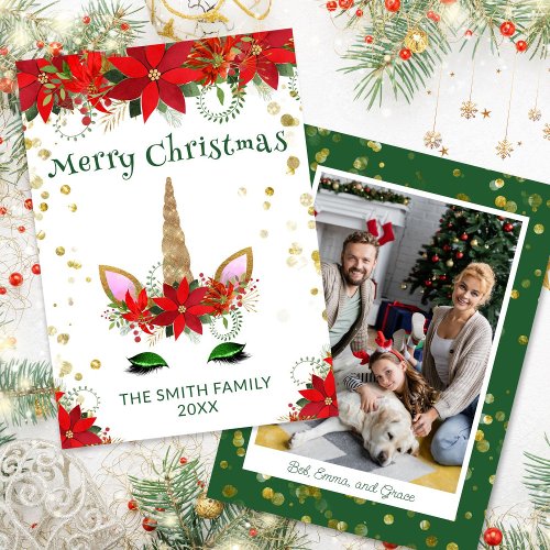 Photo Poinsettia Unicorn with Green Christmas Card