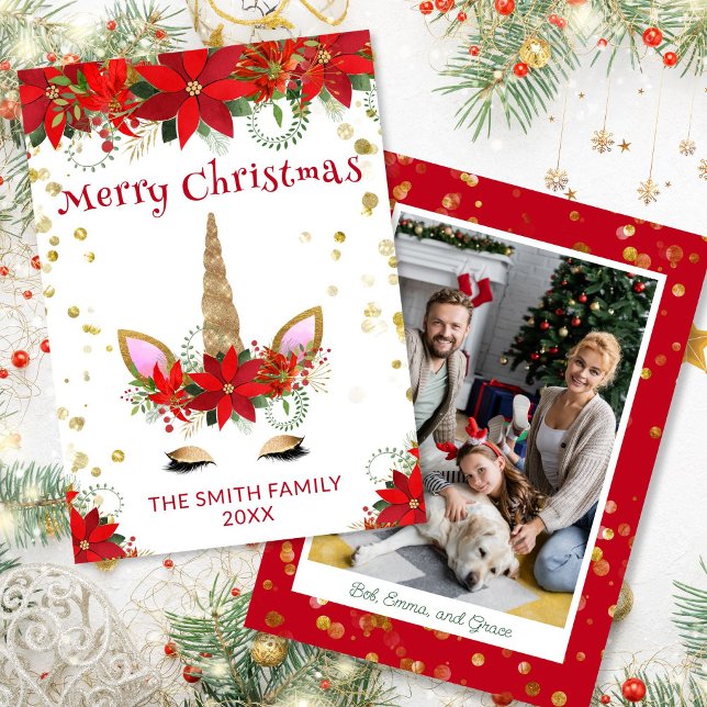 Photo Poinsettia Unicorn with Red Christmas Card (Creator Uploaded)
