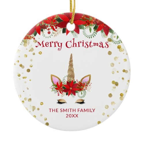 Photo Poinsettia Unicorn with Red Christmas Ceramic Ornament