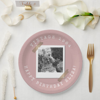 Photo Polaroid Vintage Birthday Dusty Pink Paper Plates