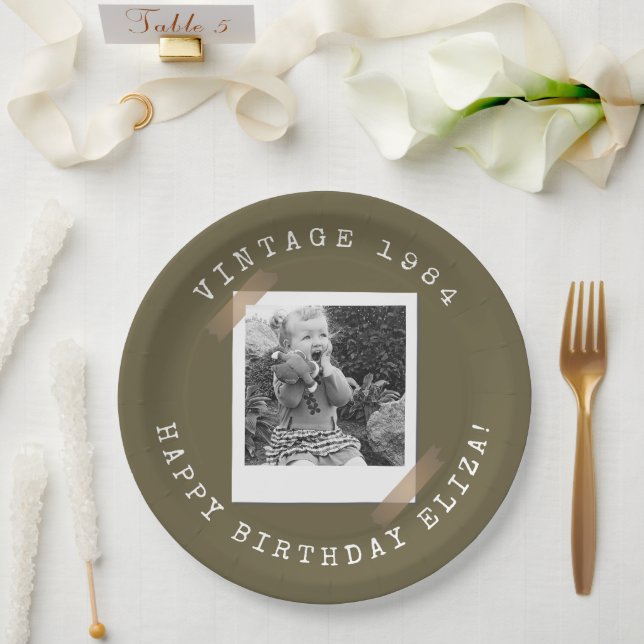 Photo Polaroid Vintage Birthday Greyish Brown Paper Plates (Wedding)