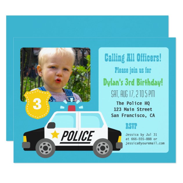 Photo Police Car Kids Birthday Party Invitation