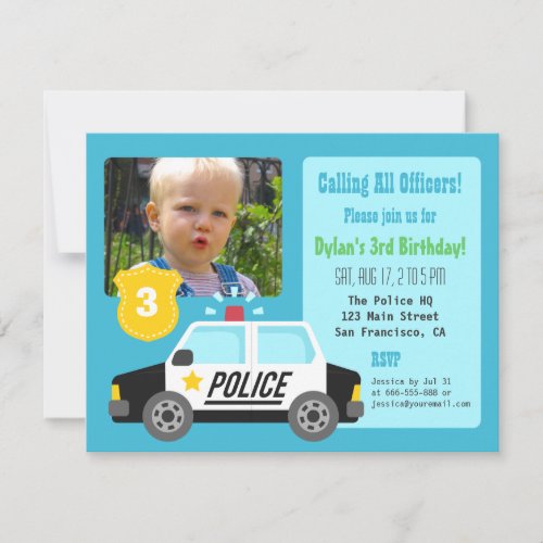 Photo Police Car Kids Birthday Party Invitation