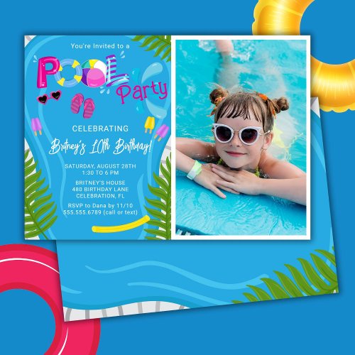 Photo Pool Party Summer Girl Birthday Party Invitation