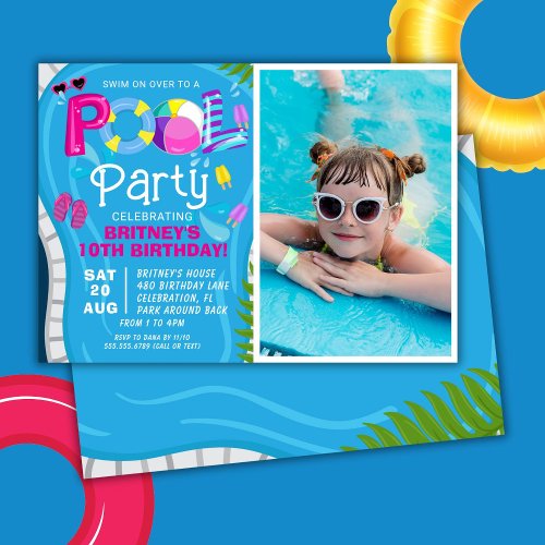 Photo Pool Party Summer Girl Birthday Party Invitation