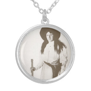 Photo Portrait of a Cowgirl Holding a Rifle, 1910 Silver Plated Necklace