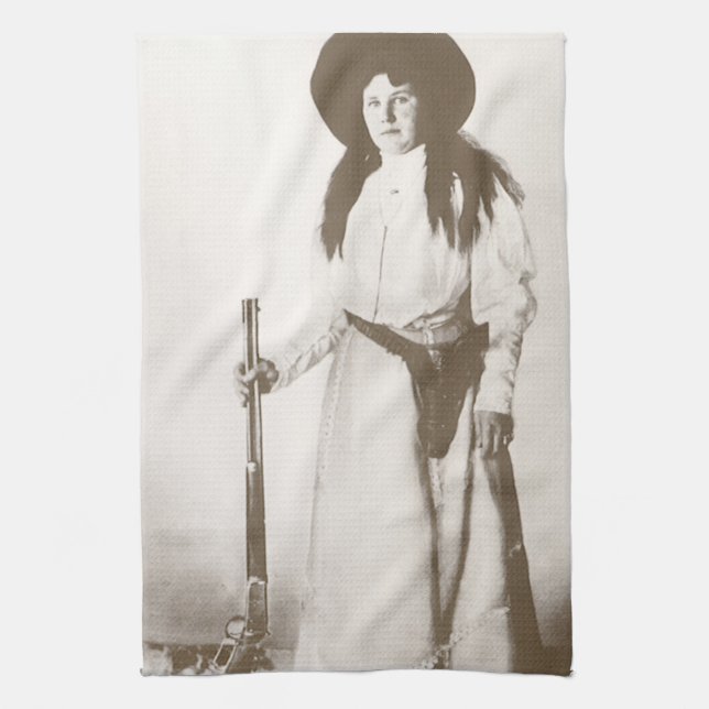 Photo Portrait of a Cowgirl Holding a Rifle, c1910 Kitchen Towel (Vertical)