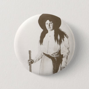Photo Portrait of a Cowgirl Holding a Rifle, c1910 Pinback Button