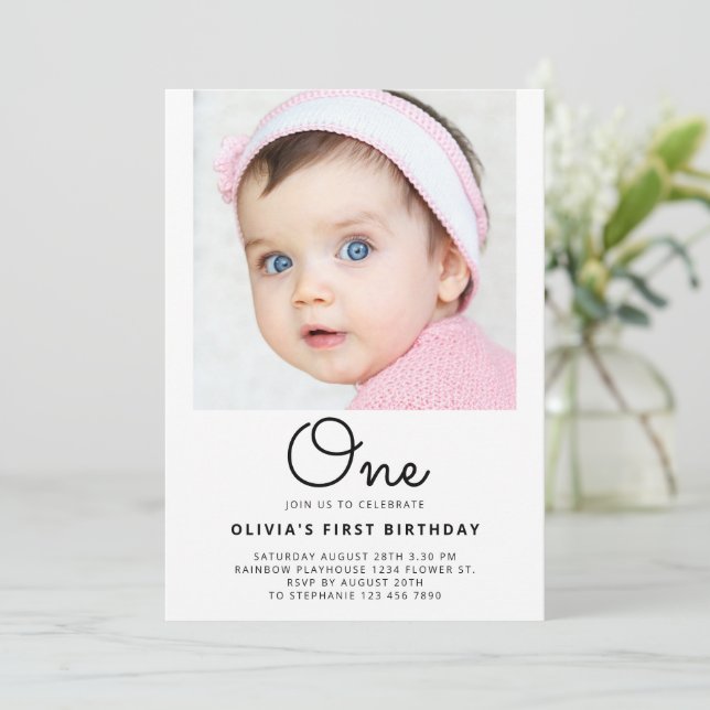 Photo Portrait One Script 1st Baby First Birthday Invitation (Standing Front)