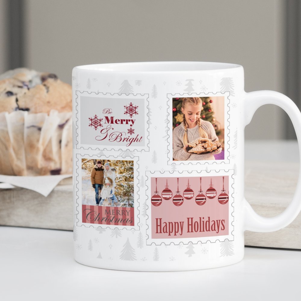 Discover Custom Photo Postage Stamps Red Grey Christmas Pine Trees Coffee Mug