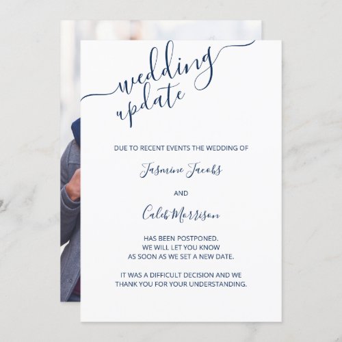 Photo Postponement Card Blue Script Wedding Update