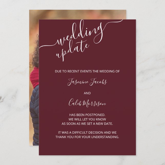 Photo Postponement Card Burgundy Wedding Update (Front/Back)