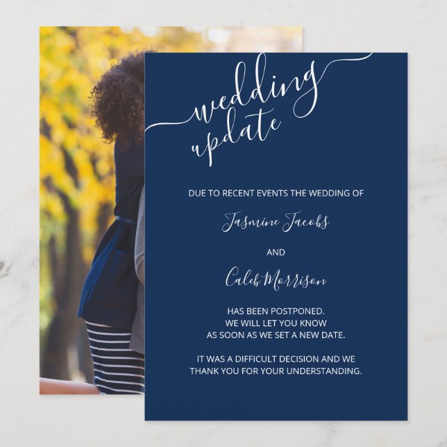 Photo Postponement Card Navy Blue Wedding Update (Front/Back)