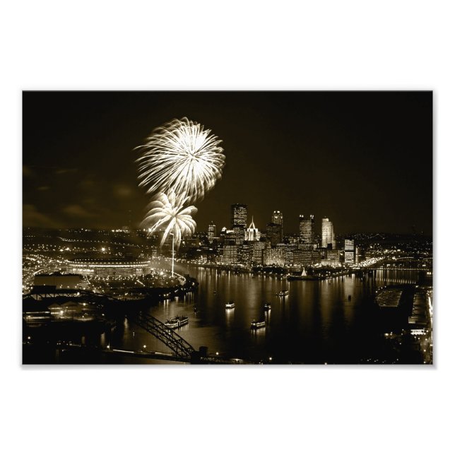 Photo Premium-Pittsburgh Night w/Fireworks-Sepia Print (Front)