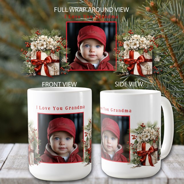 Photo Presents Satin Ribbon Pine Branches  Coffee Mug (Personalize with your favorite photo and text.)