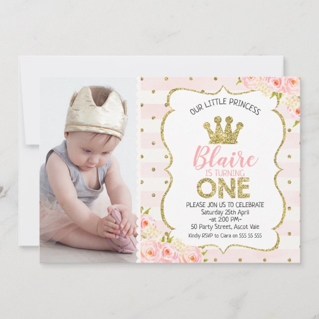 Photo Princess Crown 1st Birthday Invitation (Front)