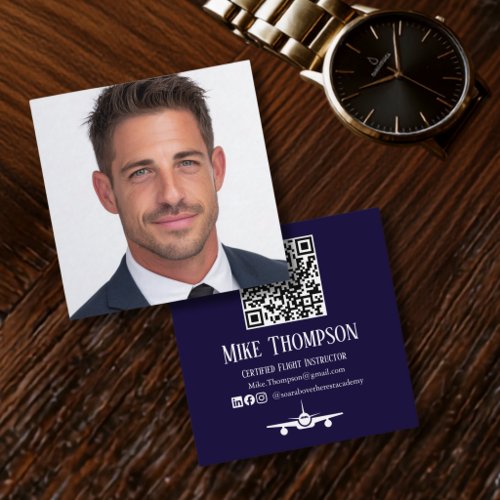 Photo Professional QR Code Blue andWhite Aviation  Square Business Card