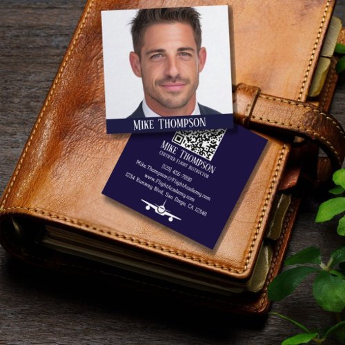 Photo Professional QR Code Pilot Blue Aviation Square Business Card