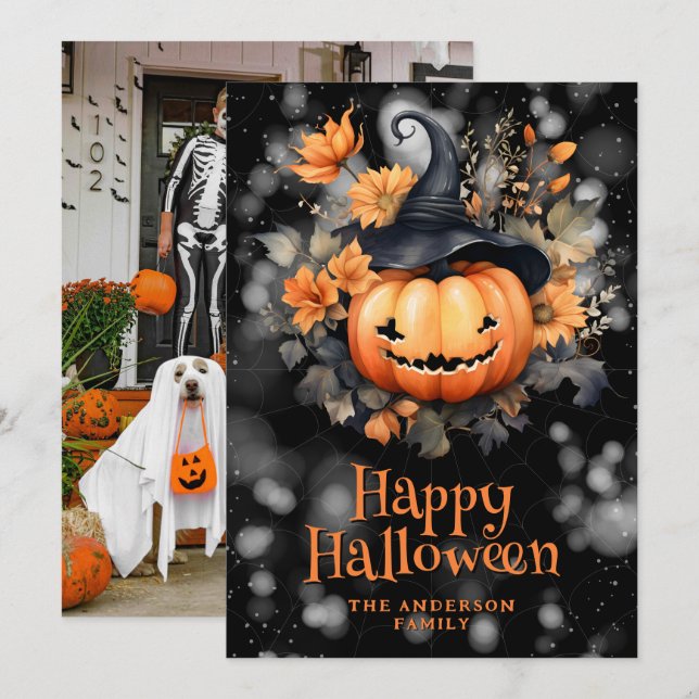 Photo Pumpkin Black Hat Happy Halloween Card (Front/Back)