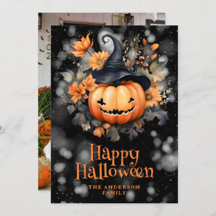 Photo Pumpkin Black Hat Happy Halloween Card
