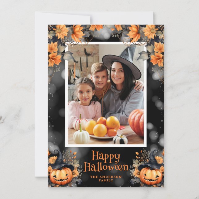 Photo Pumpkin Floral Happy Halloween Card (Front)