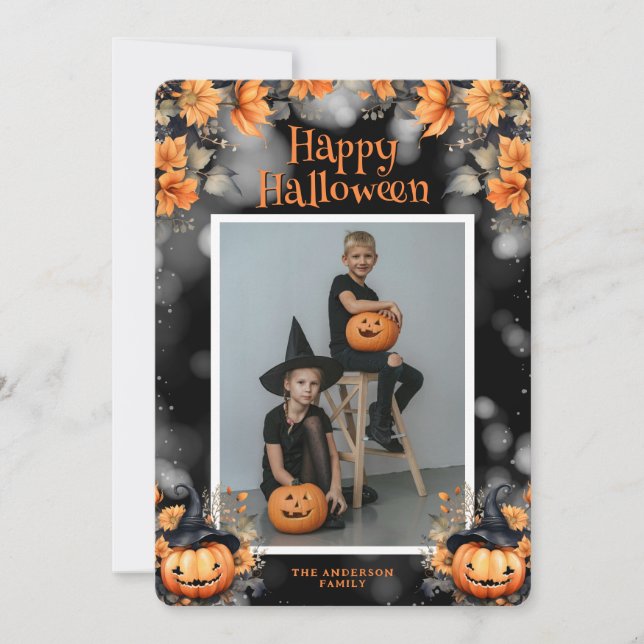 Photo Pumpkins Floral Halloween Card (Front)