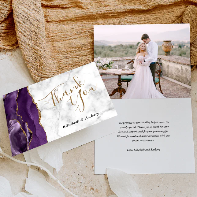Photo Purple Agate Gold Marble Wedding Thank You Card | Zazzle