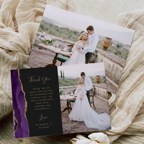 Photo Purple Agate Gold Script Wedding Thank You Card