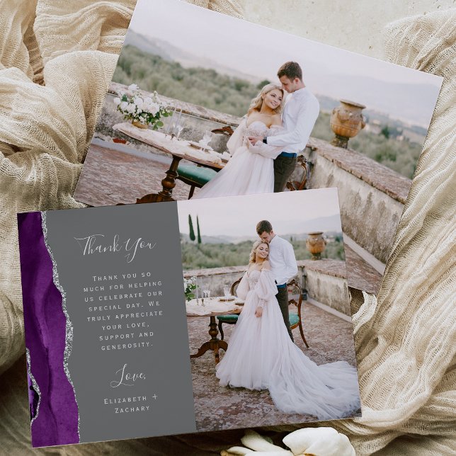 Photo Purple Agate Silver Gray Script Wedding Thank You Card (Creator Uploaded)