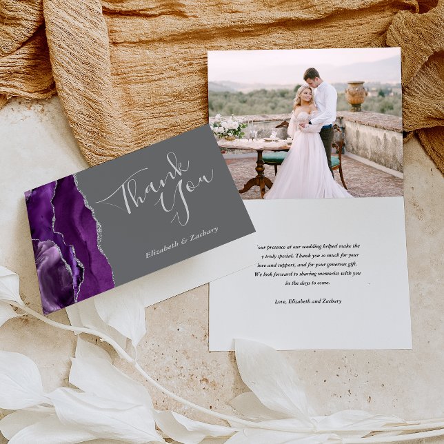 Photo Purple Agate Silver Gray Wedding Thank You Card (Creator Uploaded)