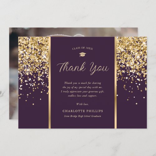 Photo Purple and Gold Confetti Graduation Thank You Card