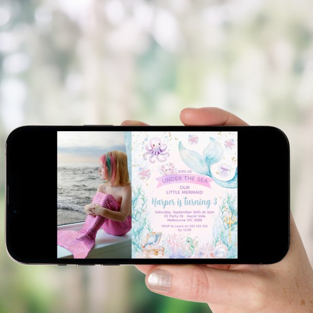 Photo Purple Blue Little Mermaid Birthday Invitation (Front Digital)