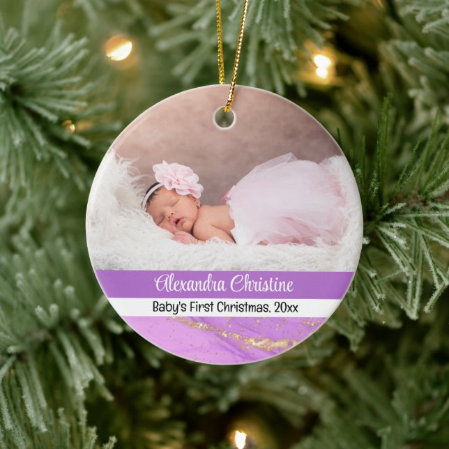 Photo Purple Double Sided 2 Picture Baby First Ceramic Ornament (Tree)