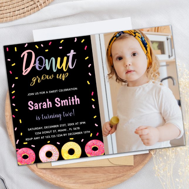 Photo Purple Glitter Black Pink Donut Birthday Invitation (Photo Purple Glitter Black Pink Donut Birthday Invitation)