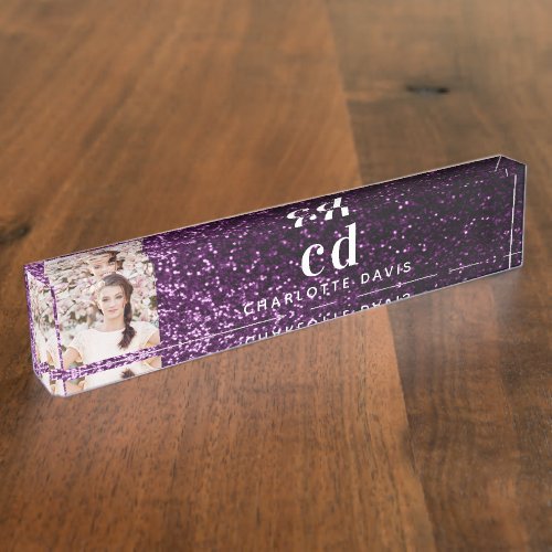 Photo purple glitter monogram initials name desk name plate