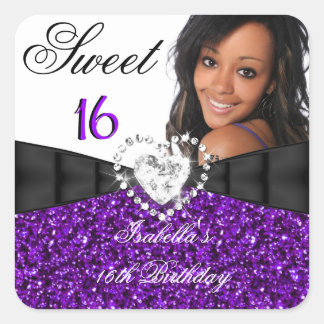 Photo Purple Glitter Silver Sweet 16 16th Birthday Square Sticker