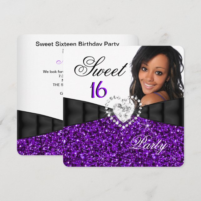 Photo Purple Glitter Sweet 16 16th Birthday Party Invitation (Front/Back)