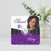 Photo Purple Glitter Sweet 16 16th Birthday Party Invitation (Standing Front)